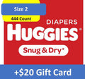 $20 Savings Buy 2 Huggies Diapers Snug and Dry, Size 2, 444 Ct with $20 Gift Card